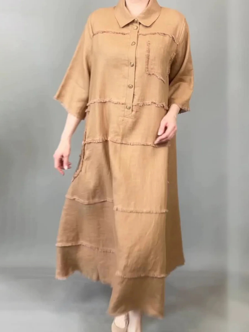Lucie – Robe chemise en cotton & lin avec poche frangée