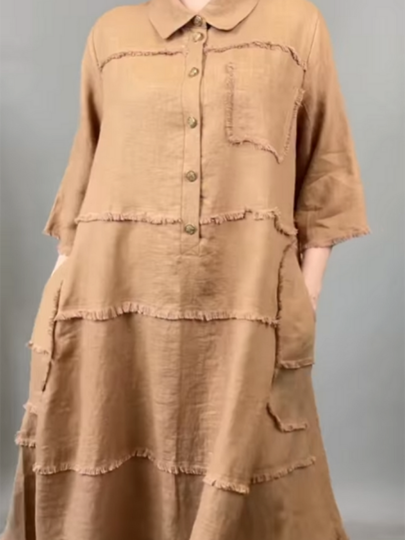 Lucie – Robe chemise en cotton & lin avec poche frangée