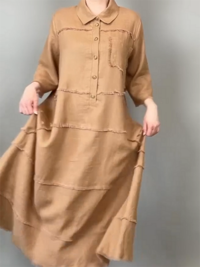 Lucie – Robe chemise en cotton & lin avec poche frangée