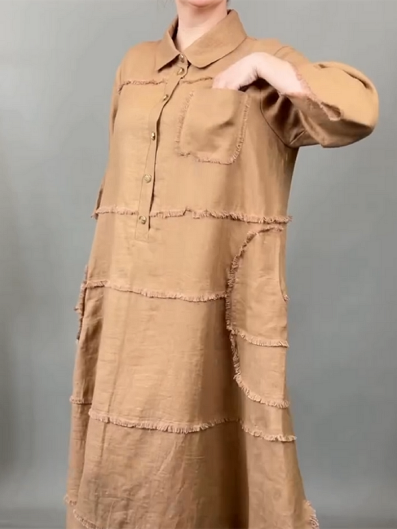 Lucie – Robe chemise en cotton & lin avec poche frangée
