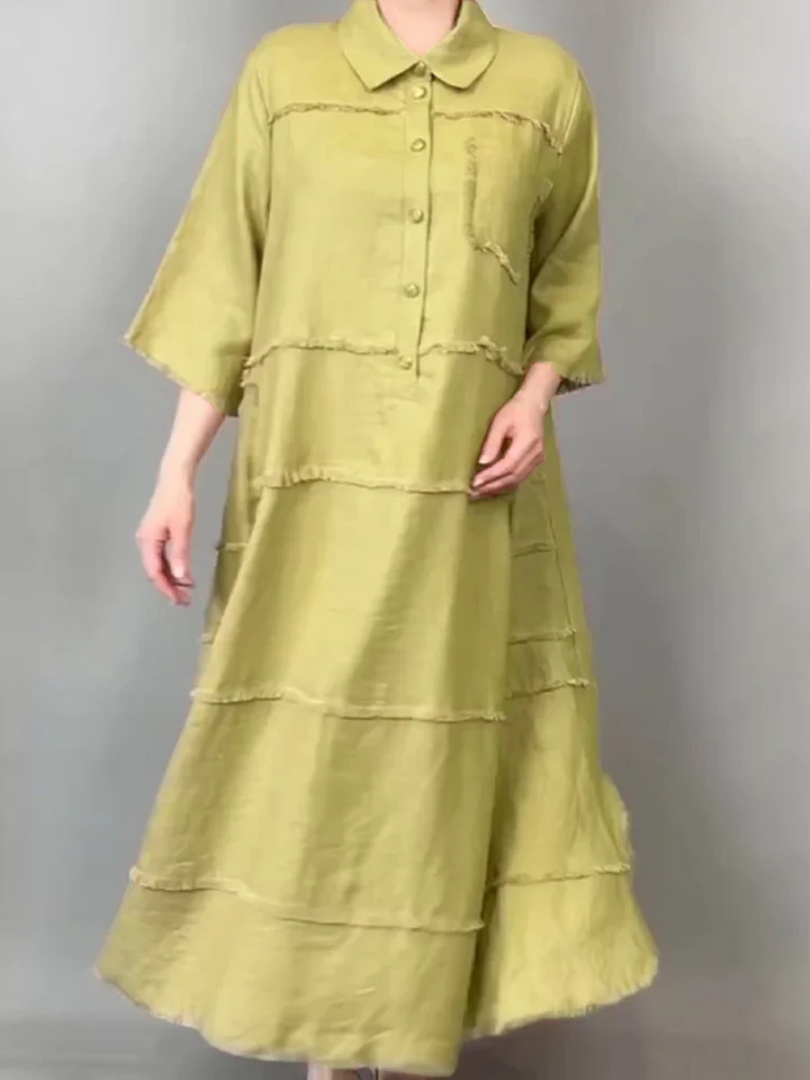 Lucie – Robe chemise en cotton & lin avec poche frangée