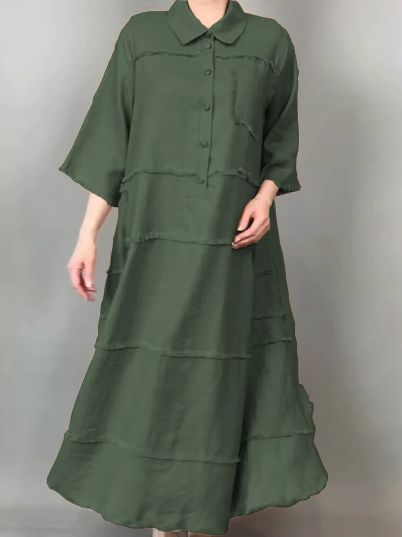 Lucie – Robe chemise en cotton & lin avec poche frangée